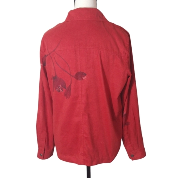 Chico's size 1 brushed polyester floral button down shirt top blouse Medium Red - Picture 2 of 7